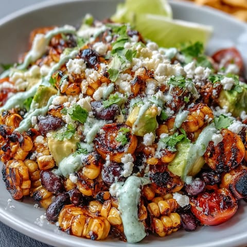 Hearty black bean taco salad with sweet grilled corn, avocado, and crunchy tortilla chips.