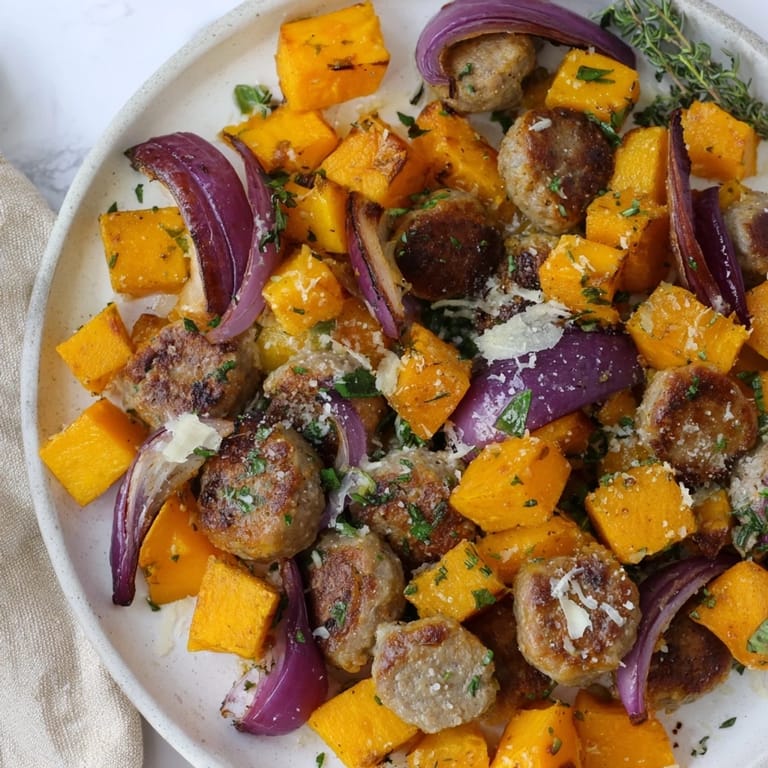 A hearty Roasted Butternut Squash and Sausage Bake garnished with fresh parsley and cheese.