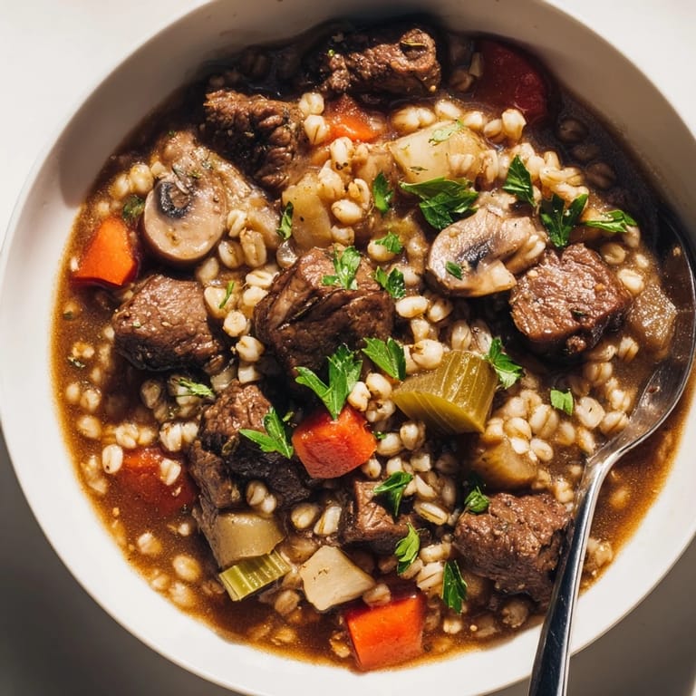 Tender chunks of beef and barley in a rich stew perfect for cozy evenings.