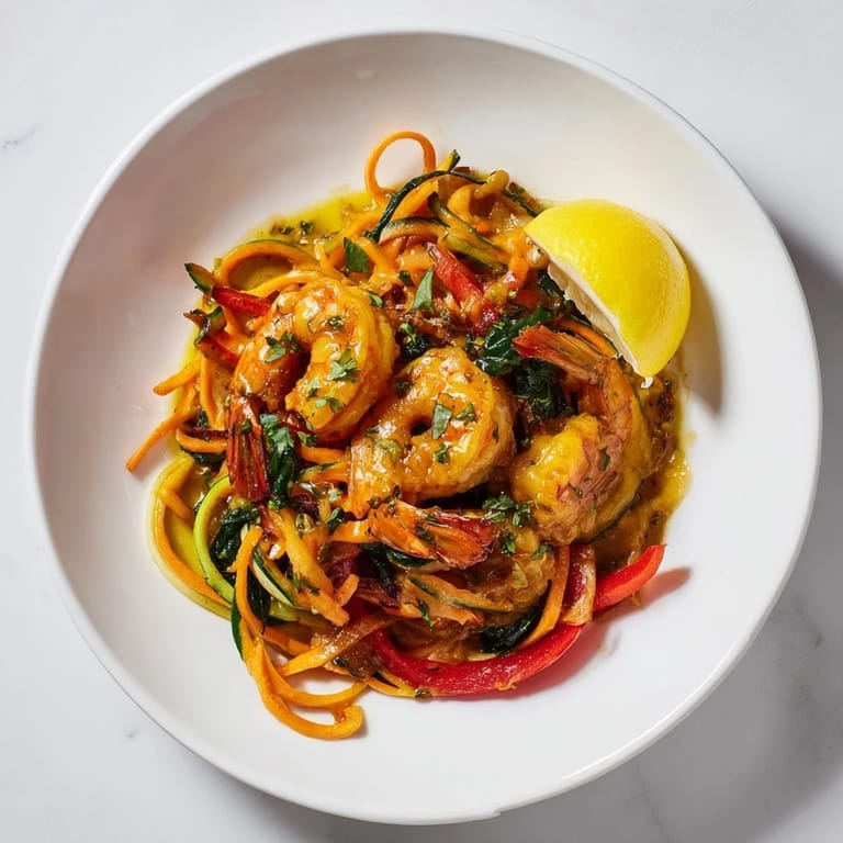Juicy shrimp in garlic butter sauce served over spiralized zucchini and carrot noodles.  