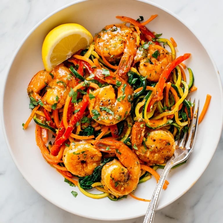 Delicious garlic butter shrimp with fresh veggies, garnished with lemon wedges for brightness.