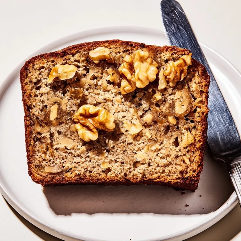 Homemade classic banana bread with crunchy walnuts, warm from the oven.  