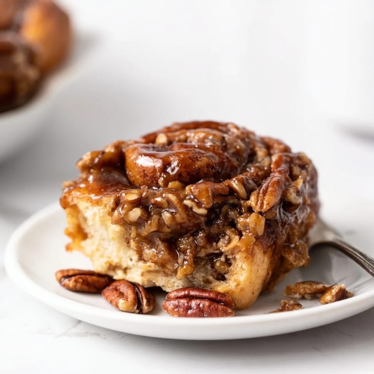 Golden maple pecan sticky buns topped with pecans, ideal for brunch gatherings.