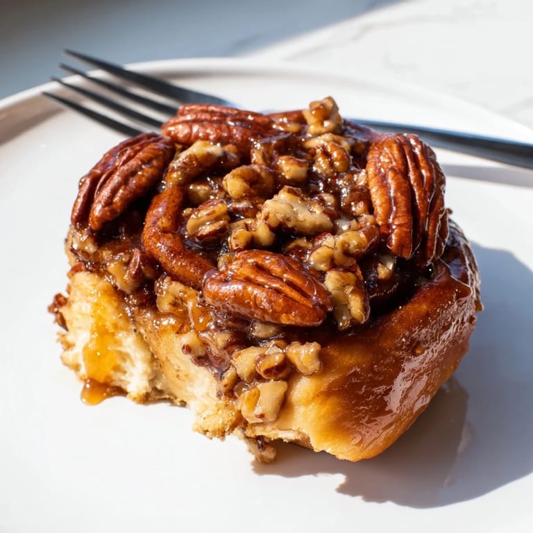 Fluffy cinnamon-swirled maple pecan sticky buns warming in a cozy kitchen.  