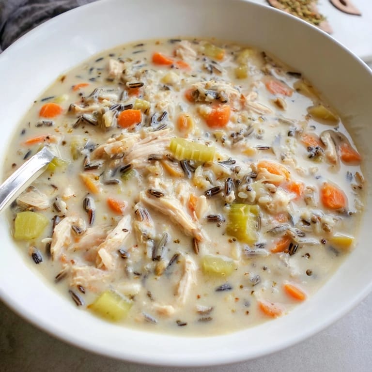 Comforting slow cooker creamy chicken and wild rice soup with tender bites of chicken.
