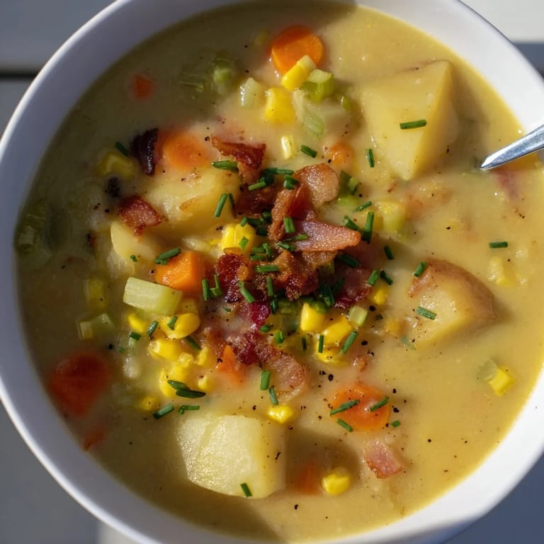 Velvety Creamy Corn and Potato Chowder steaming in a rustic bowl, invitingly rich and hearty.  