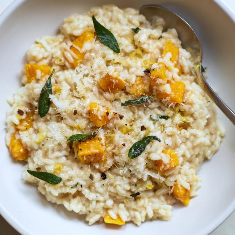 Aromatic pumpkin sage risotto garnished with fresh herbs and rich Parmesan cheese.  