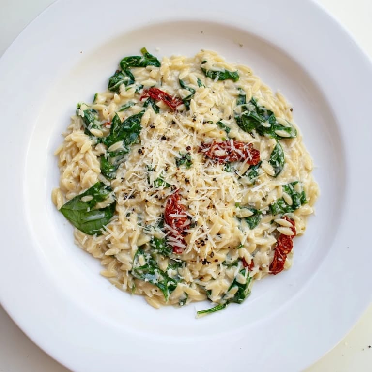 Golden, creamy Tuscan Orzo Bowl, garnished with Parmesan; a delicious Italian-inspired vegetarian dinner.
