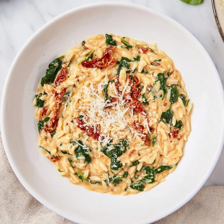 Close-up of a steaming Creamy Tuscan Orzo Bowl, ready to be enjoyed as a perfect weeknight meal.