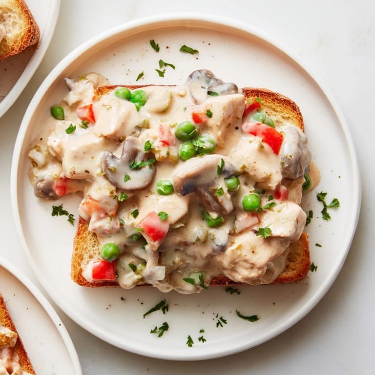 Golden Chicken à la King served on toasted bread, promising a savory bite, and perfect for quick meals.