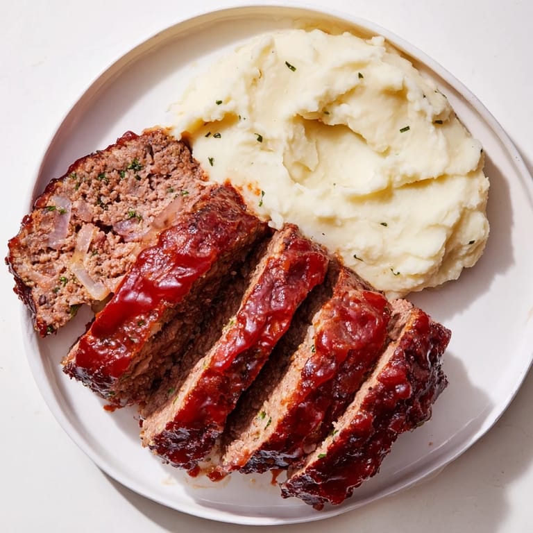 Golden-brown Classic Meatloaf & Mashed Potatoes, a comforting, homestyle family dinner on a plate.
