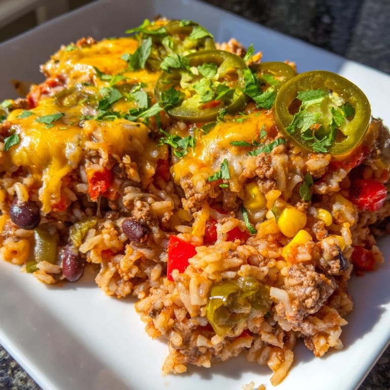 Close-up of a flavorful Tex-Mex Beef & Rice Casserole, showcasing tender rice and seasoned beef.