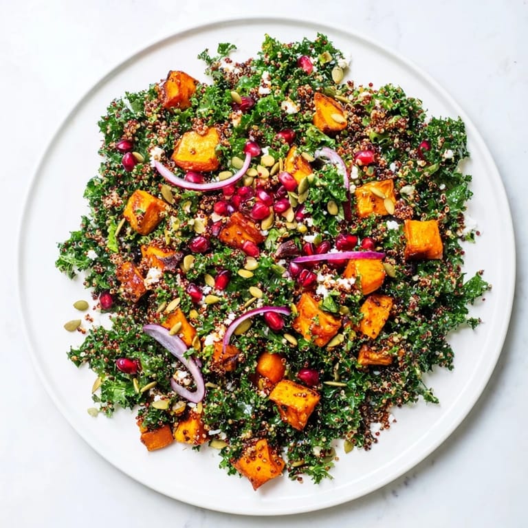 Flavorful kale & quinoa salad with sweet potatoes, topped with pumpkin seeds and crumbled feta cheese.