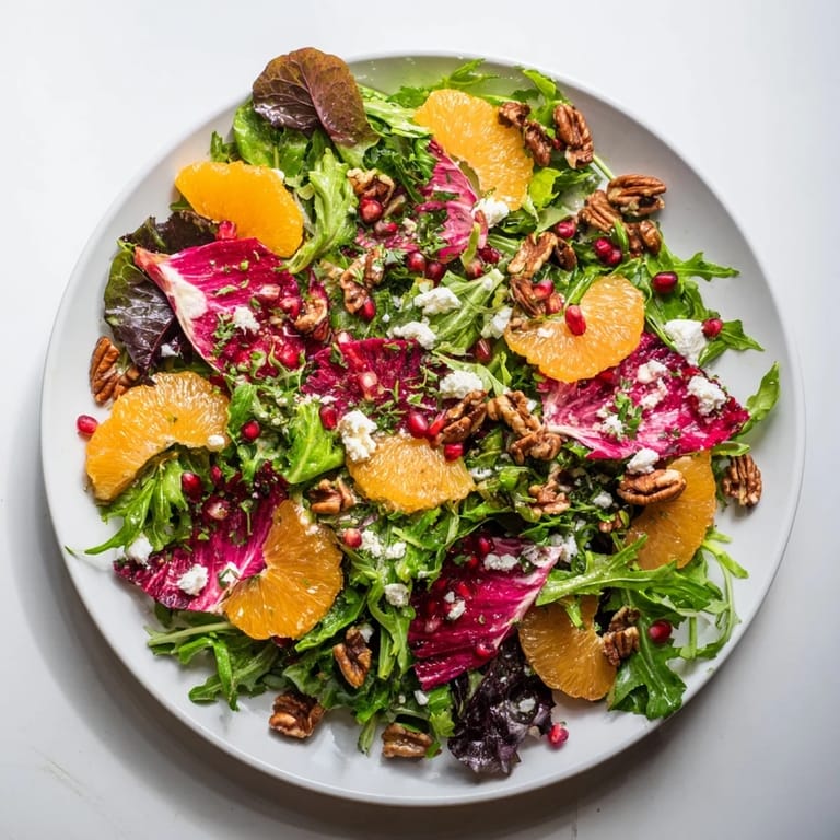 Fresh, vibrant Winter Greens Salad with sweet citrus, crunchy nuts, ready to enjoy.