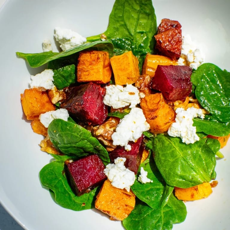 A beautiful bowl of the roasted beet & butternut squash salad with vibrant leaves and goat cheese.