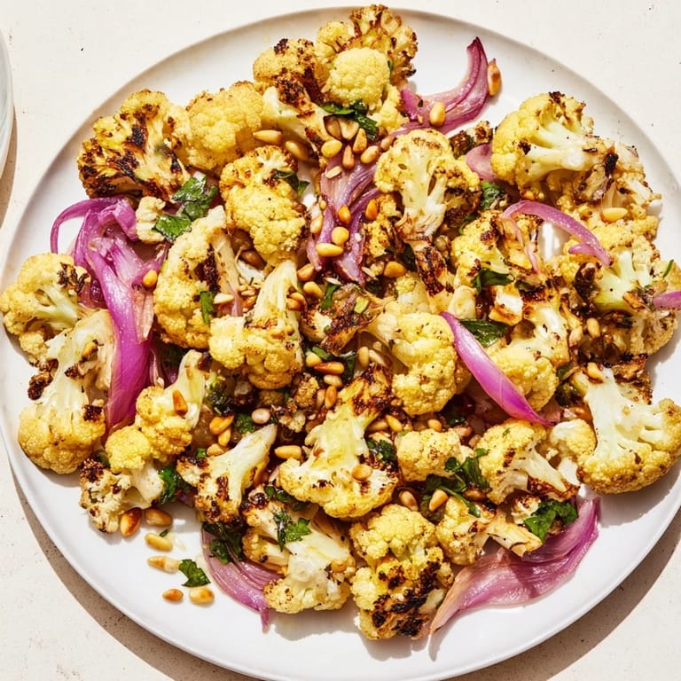 A colorful Mediterranean Warm Roasted Cauliflower Salad, served warm, with toasted pine nuts and fresh parsley.