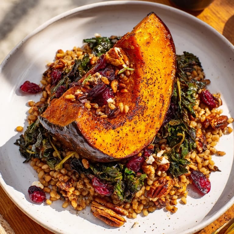 A vibrant side: cooked farro mingled with mustard greens and the sweet Farro & Squash Salad.