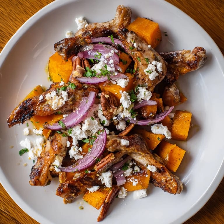 A close-up of a vibrant Roasted Chicken & Winter Squash Sheet-Pan Salad, showcasing juicy chicken and colorful vegetables.
