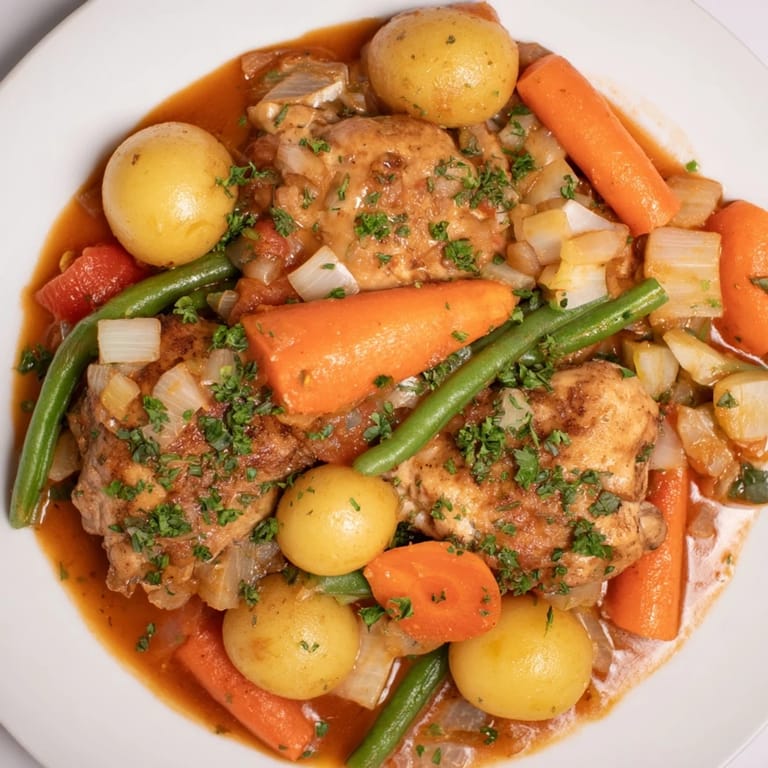 This Slow-Cooker Chicken & Vegetable Stew shows a flavorful American comfort food classic in a crockpot.