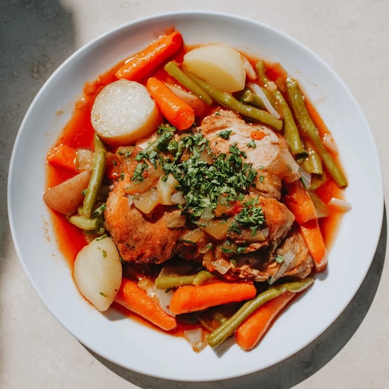 A close-up view of steaming Slow-Cooker Chicken & Vegetable Stew, ready to be served and enjoyed.