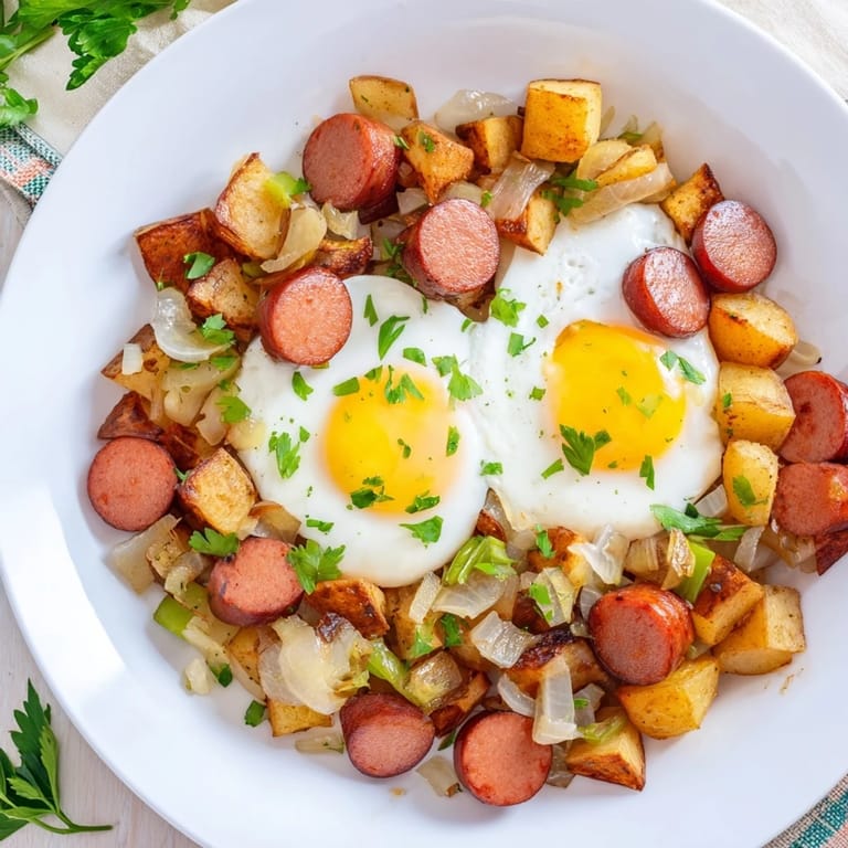 A skillet of savory Egg & Potato Hash, featuring hot dogs and a sprinkle of parsley.