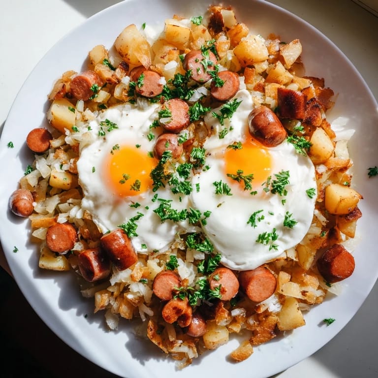 Yummy Egg & Potato Hash; a quick, easy, and hearty American breakfast with hot dogs and eggs.