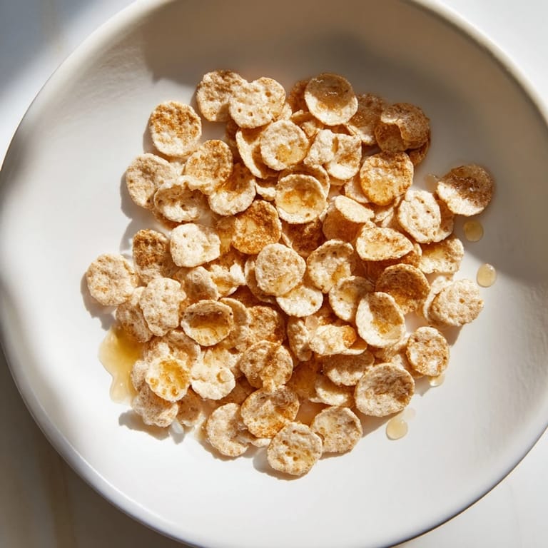 Fluffy miniature pancake cereal, drizzled with syrup, promising a delightful bite for breakfast.