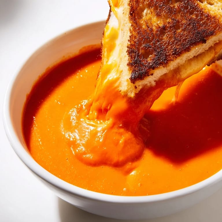 A close-up of the delicious 5-Ingredient Tomato Soup with cheesy grilled cheese ready to dunk.