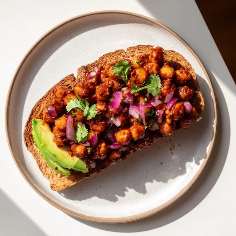 Golden-brown whole grain toast piled high with smoky BBQ chickpeas, garnished fresh cilantro and ready to eat.