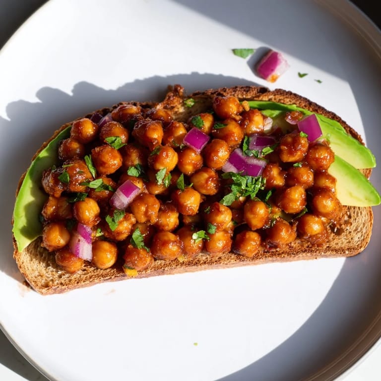 Close-up of hearty BBQ chickpeas on toast, a satisfying vegan lunch with visible texture and fresh toppings.