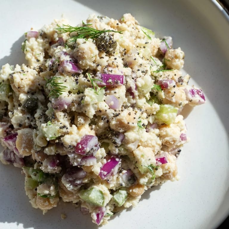 Chunky chickpea tuna salad, mixed with diced veggies and a tangy dressing, a satisfying lunch option.