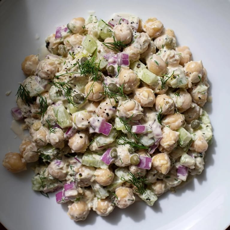 Freshly scooped chickpea tuna salad, its creamy texture and savory flavors are ready to enjoy.