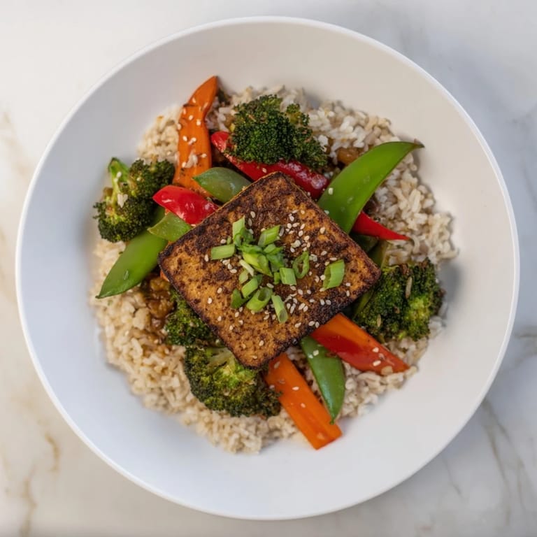 A plate of savory pressed tofu steaks, steaming and aromatic, alongside stir-fried veggies.