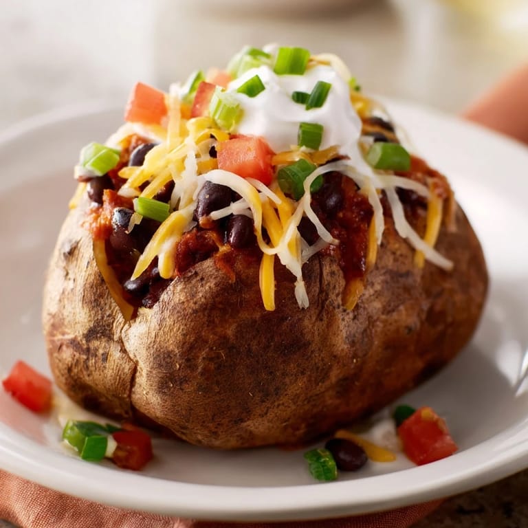 A close-up of a loaded baked potato with chili featuring melted cheddar cheese and sour cream.