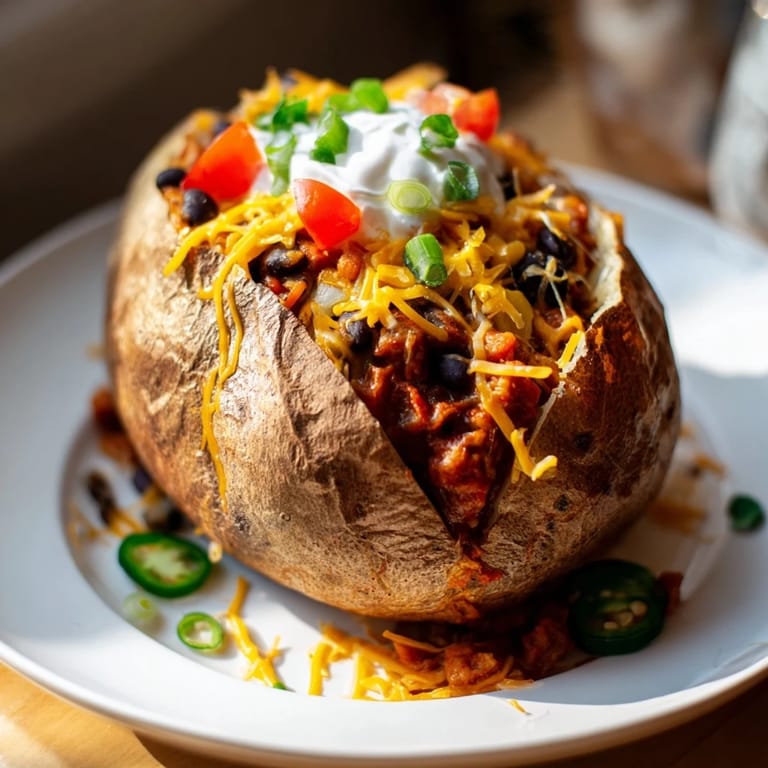 Fluffy baked potatoes overflowing with hearty chili, cheese, and beans; a delicious loaded baked potato.