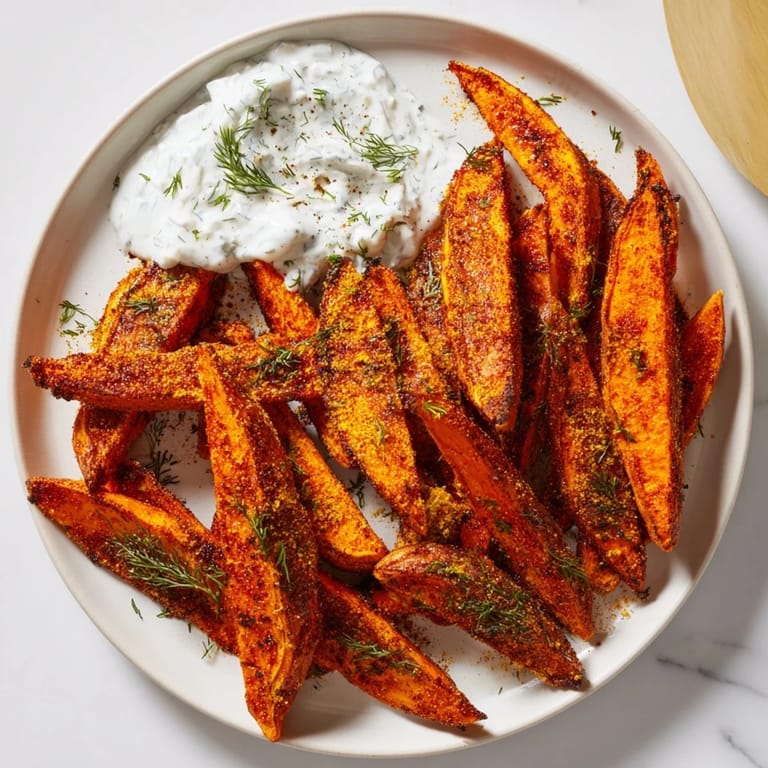Close-up of freshly baked roasted sweet potato wedges, a flavorful side dish, and the herbed yogurt dip.