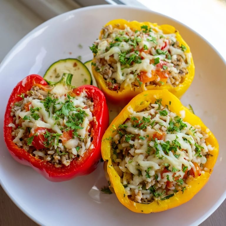 Golden-brown Stuffed Peppers, bursting with seasoned ground turkey and rice, sit in a baking dish. 
