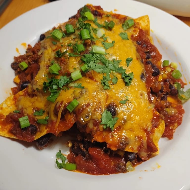 Looking delicious: freshly-baked Cheesy Bean Enchiladas with a hearty bean filling and vibrant green onions.