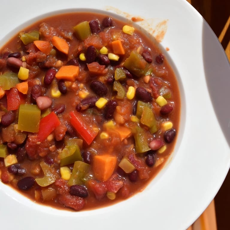A close-up of a pot of rich, smoky veggie chili, perfect for a cozy weeknight meal.