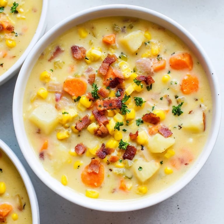 Thick and creamy Corn & Potato Chowder brimming with tender potatoes and sweet corn, ready to serve.