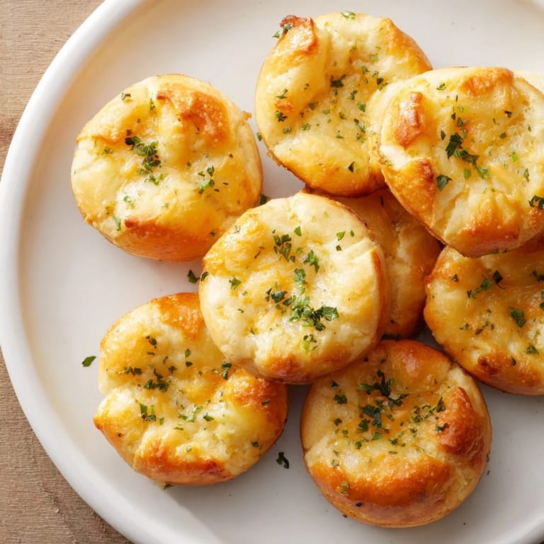 Cheesy, pull-apart Mini Cheddar Bay Biscuits, brushed with garlic butter, perfect for a savory snack.