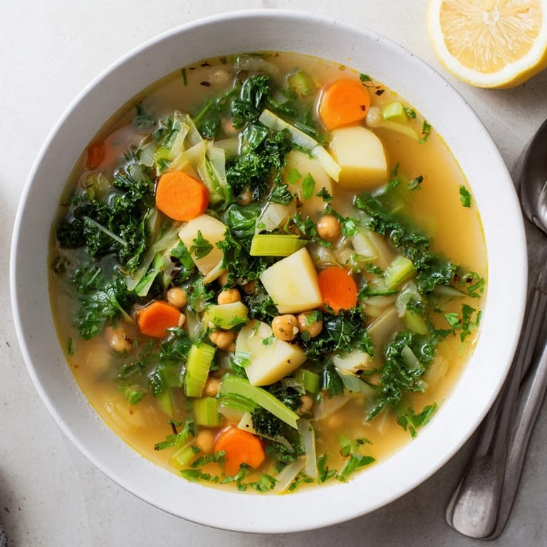 Hearty Chicken Kale Soup with crispy chickpeas, loaded with vegetables, perfect for a warming dinner.