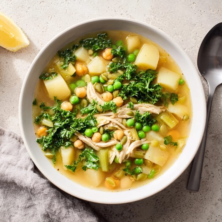 A delicious close-up of Chicken Kale Soup, garnished perfectly above golden, crunchy chickpeas.