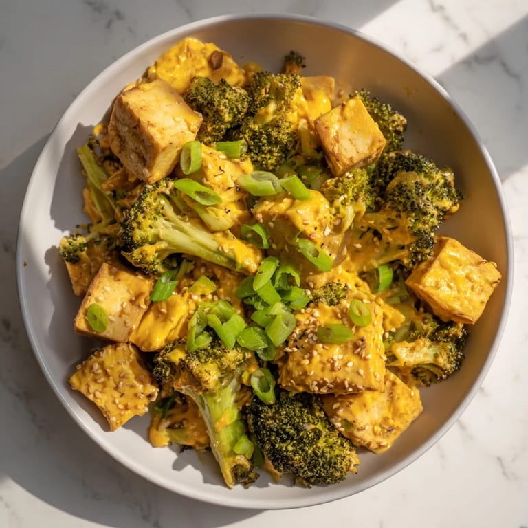 A bubbling casserole dish of Cheesy Baked Tofu and Broccoli, topped with sesame seeds.