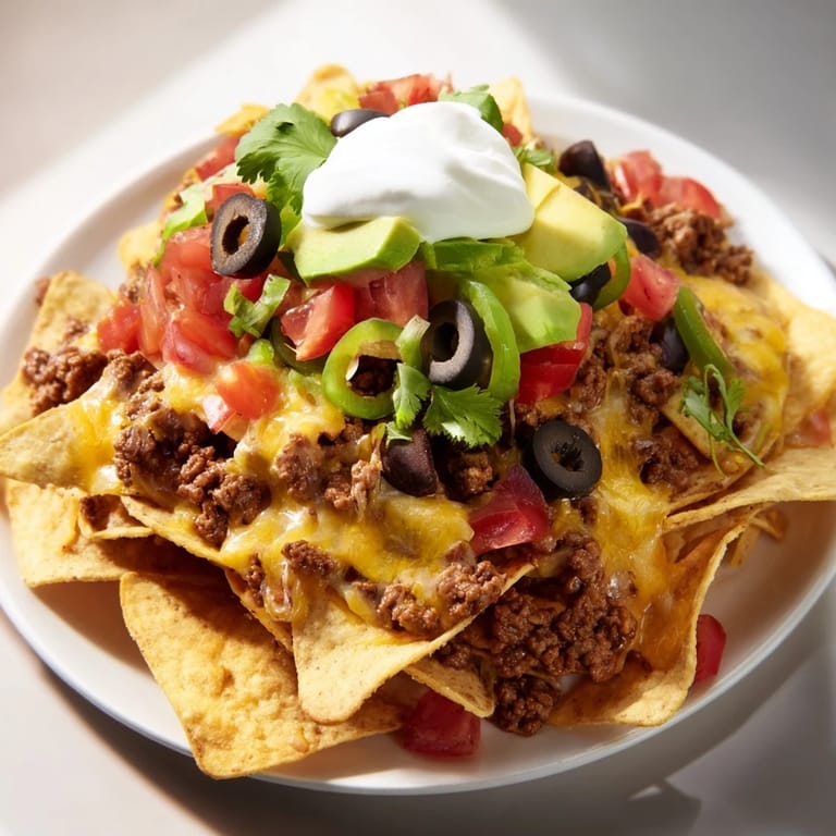 Crispy tortilla chips smothered in spiced ground beef and cheese make up these delicious sheet pan nachos.