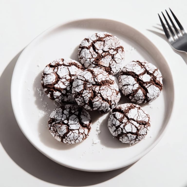 Soft, chewy interior and crisp exterior: Indulge in warm Chocolate Crinkle Cookies just baked.