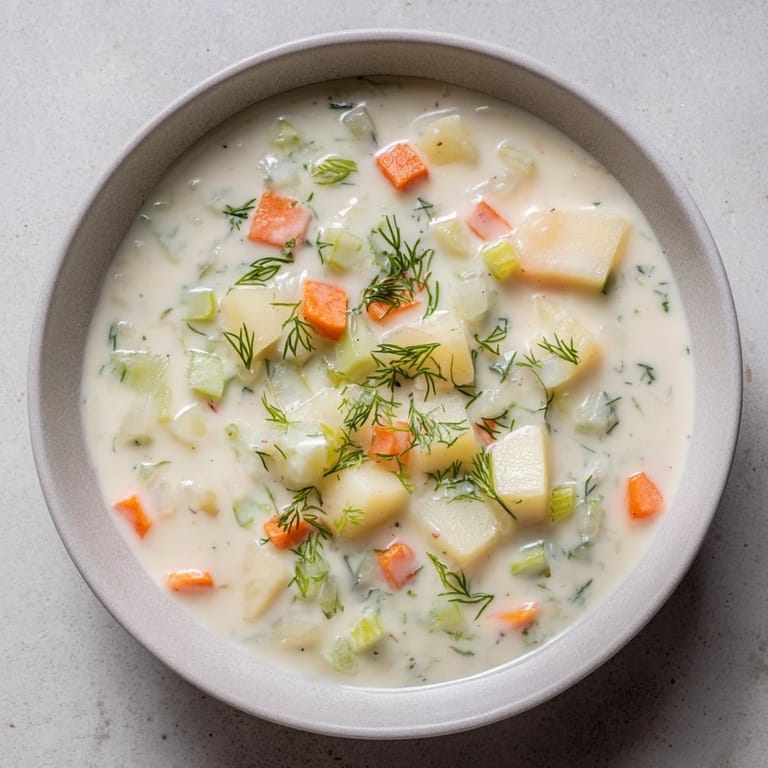 Served hot, this comforting Creamy Dill Pickle Soup has a smooth, creamy texture and vibrant flavors.