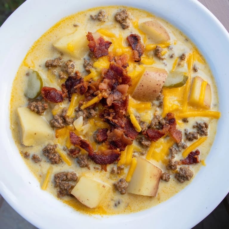 Imagine warm Crockpot Cheeseburger Soup: a hearty, comforting bowl topped with bacon and fresh pickle garnish.