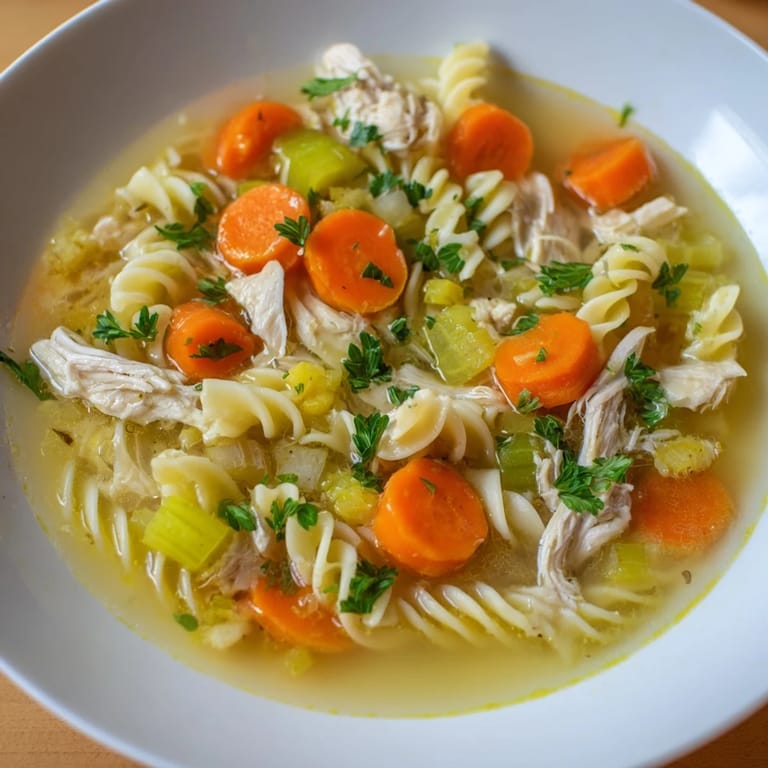 Warm, flavorful Crockpot Chicken Noodle Soup with vibrant carrots, slow-cooked to perfection in a broth.