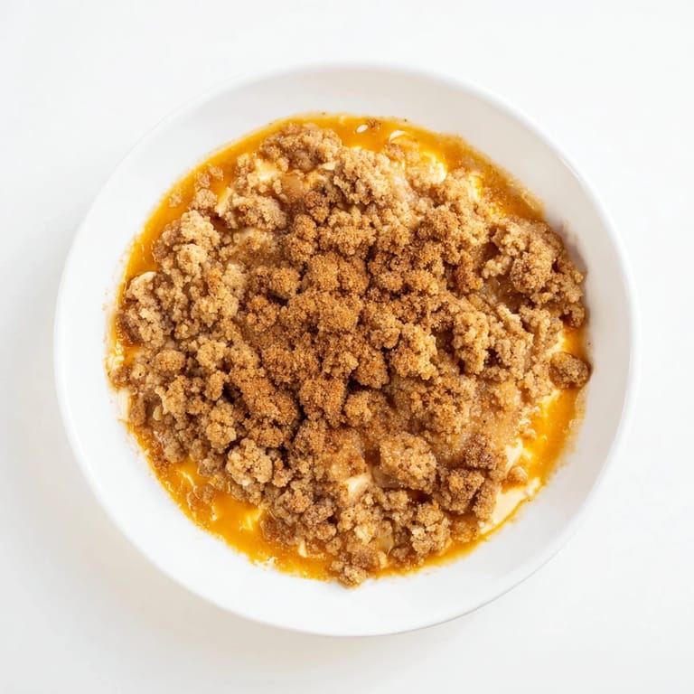 Close-up of a bubbling pumpkin crisp, its buttery crumble topping glistening, perfect fall dessert.